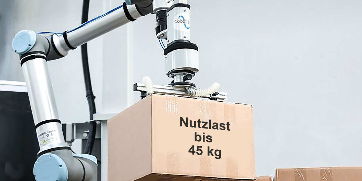 Cobot Lift Anwendung mit Saugtraverse für Kisten, Kartonagen, Gepäckstücke, Platten etc.