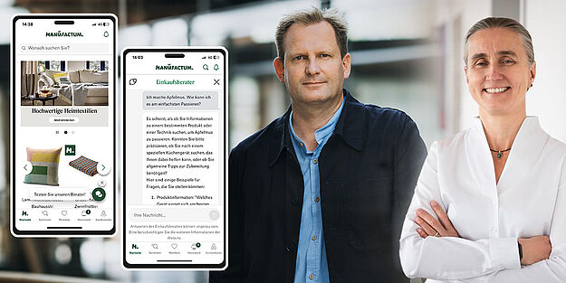 Alexander Peters, Geschäftsführer Manufactum Gruppe, und Kathrin Behrens, Geschäftsführerin Otto Group One.O, stellen den neuen KI-basierten "Einkaufsberater" vor.