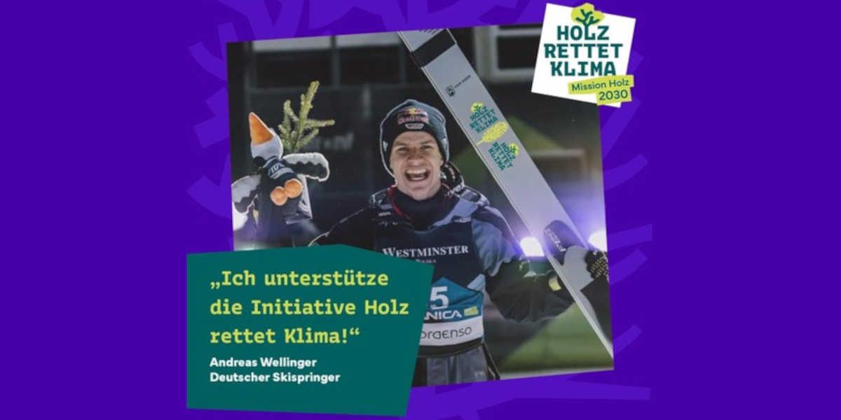 Sprispringer auf lila Untergrund Brancheninitiative Holz rettet Klima